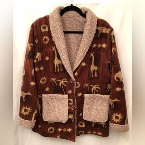 Safari Animal Fleece Teddy Bear Sherpa Jacket Brown Giraffe Elephant Size Large